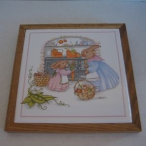 Vintage Colonial of Cape Cod Bunny Tile 8" Oak Wood Framed Trivet/Wallhanging NW